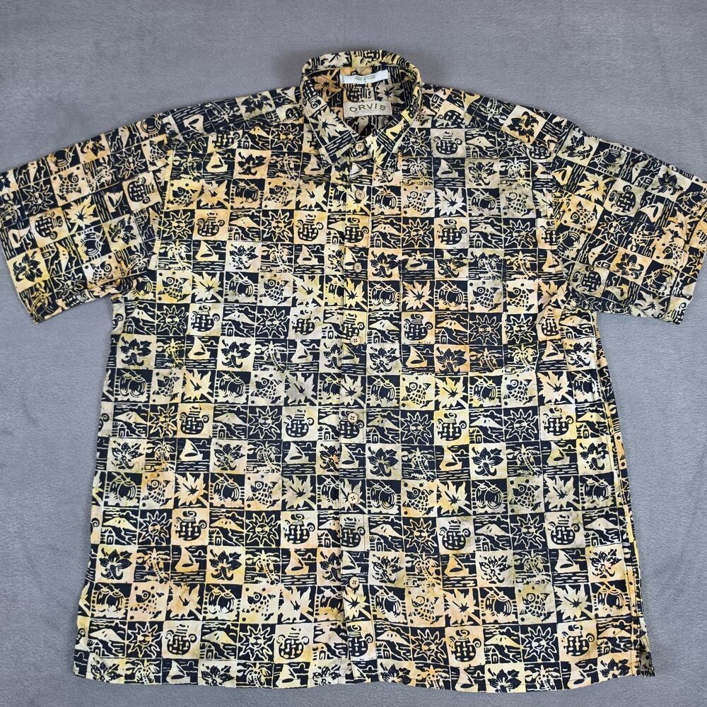 Orvis Hawaiian Shirt Mens Large Beige Navy Tropical Island Aloha Cotton